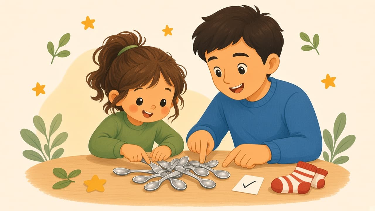 One job in use: counting spoons. A list and socks sit unused to the side