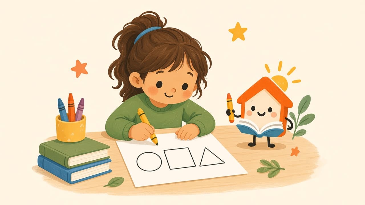 Young child’s writing materials for a short preschool worksheet sit