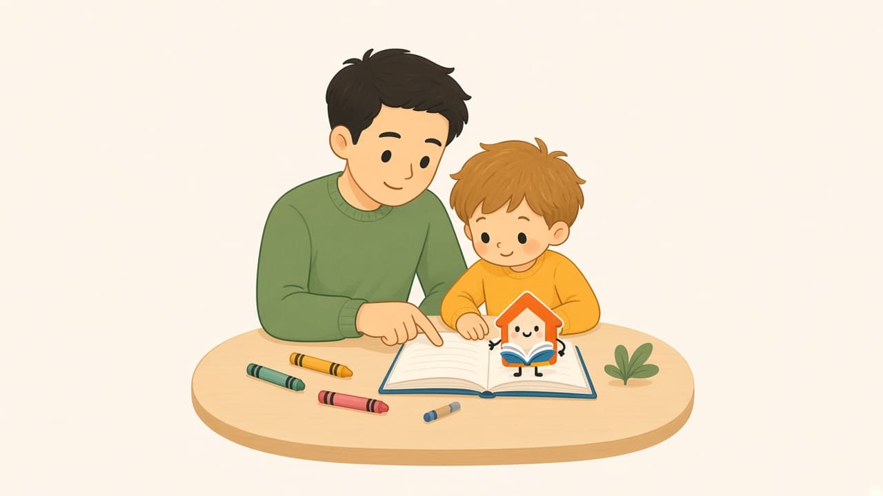Parent and young child looking at a picture book together at home