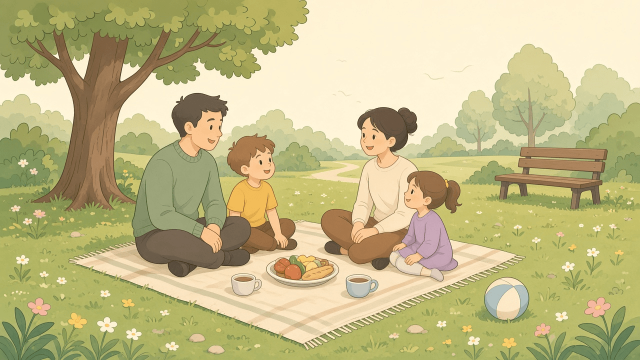 Two families sit together on a picnic blanket in a park