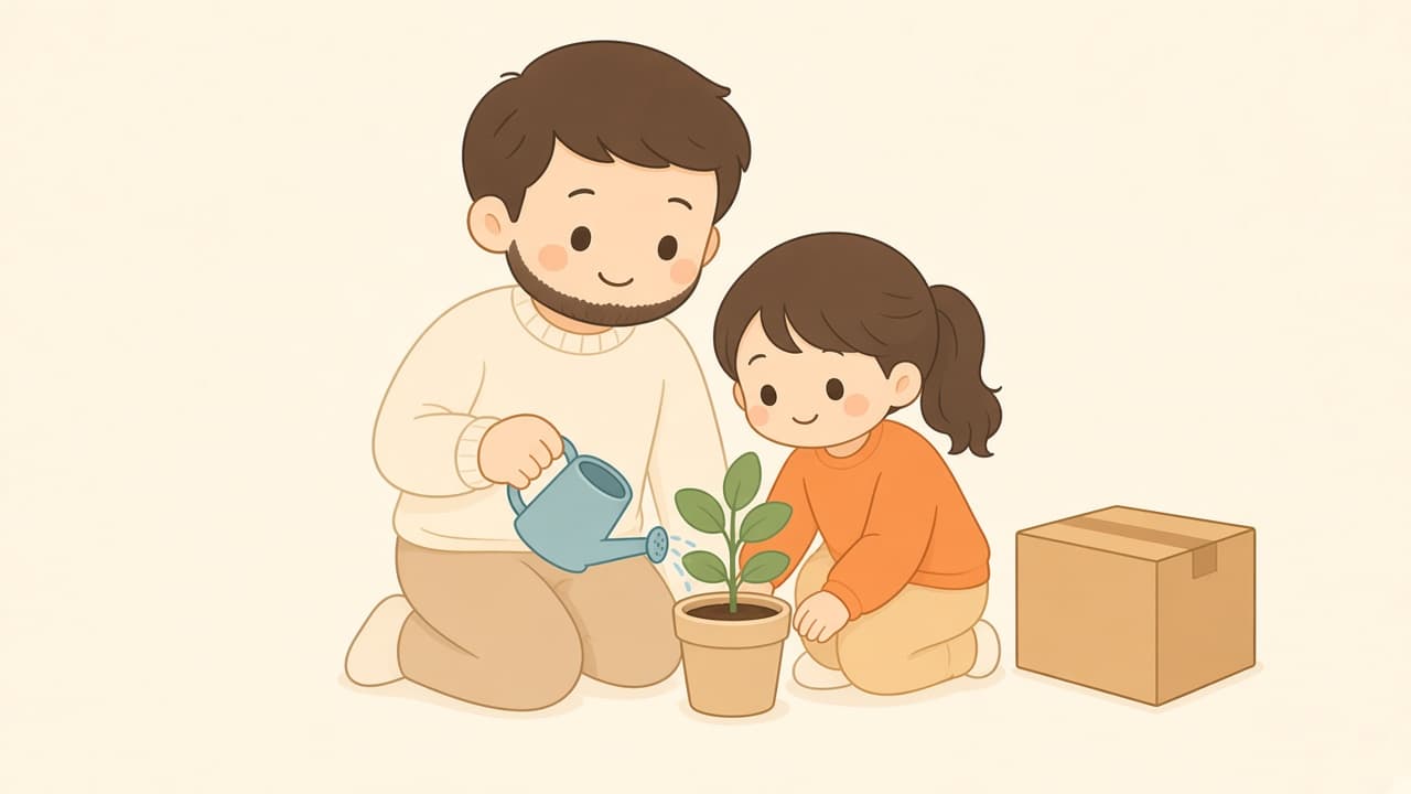 A closed unused box in the corner. Parent and child water a plant