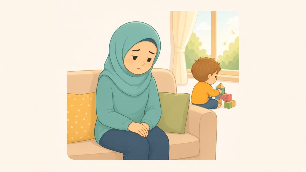 A tired parent sits alone while a child plays in another room