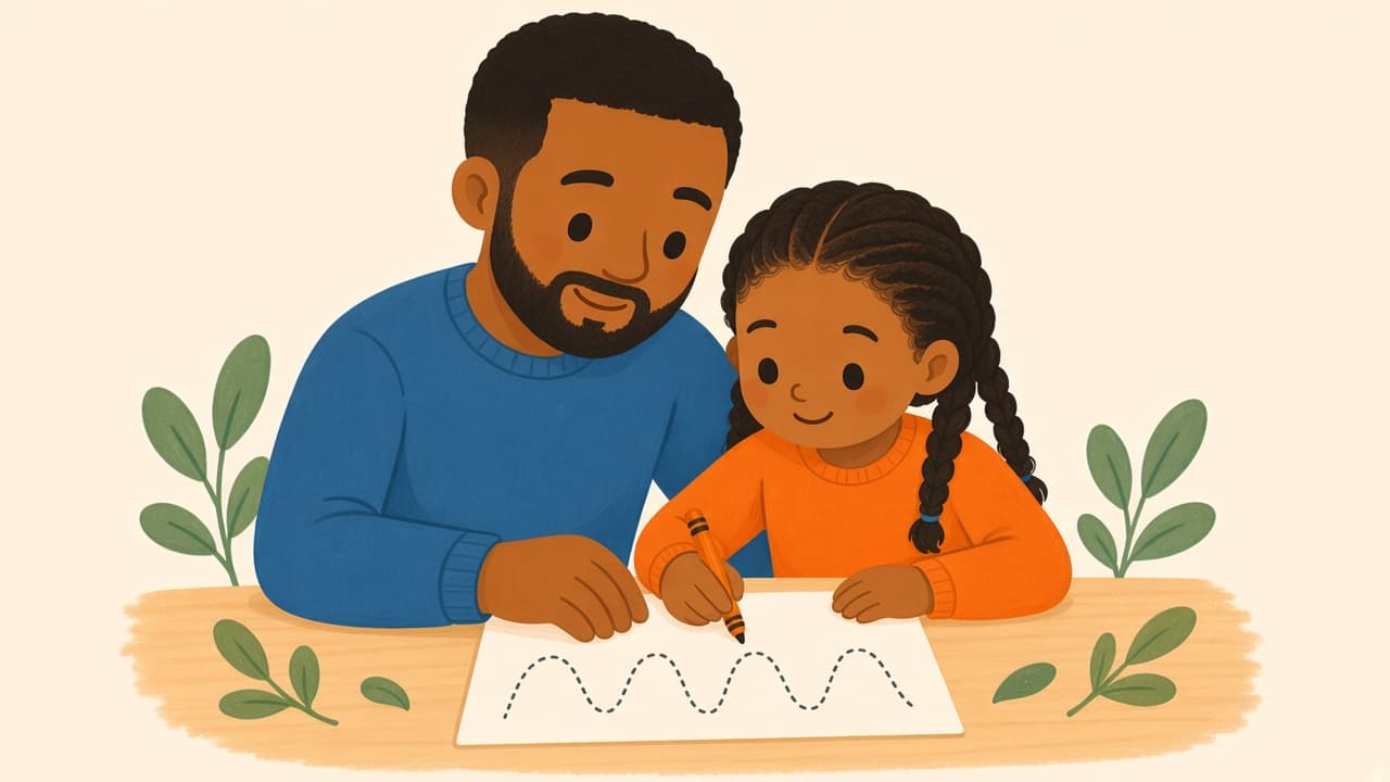 A parent sits beside a child on a large-letter tracing page