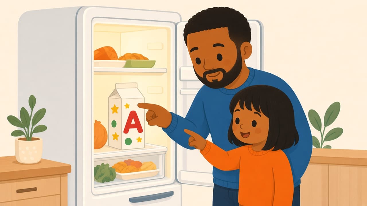 A parent and child hunt a letter on a milk carton at the fridge