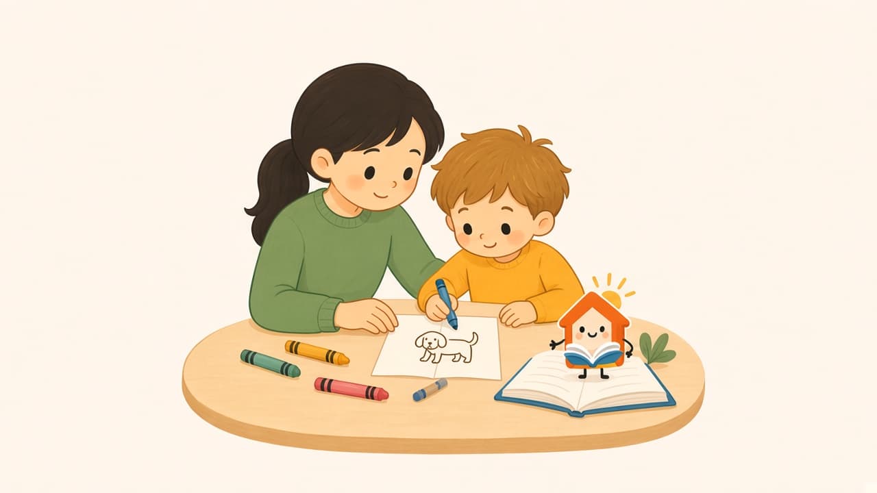 A child draws on a folded paper while a parent sits beside them