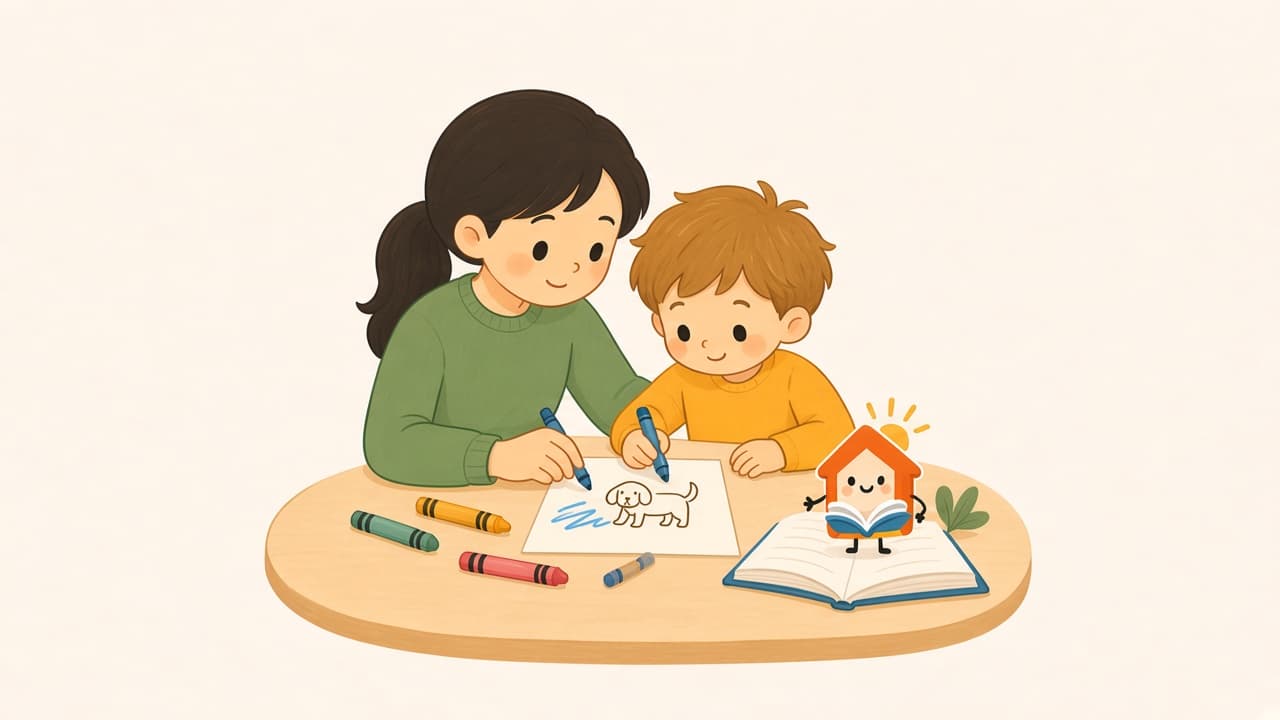 A parent writes one word under a child’s drawing of a dog