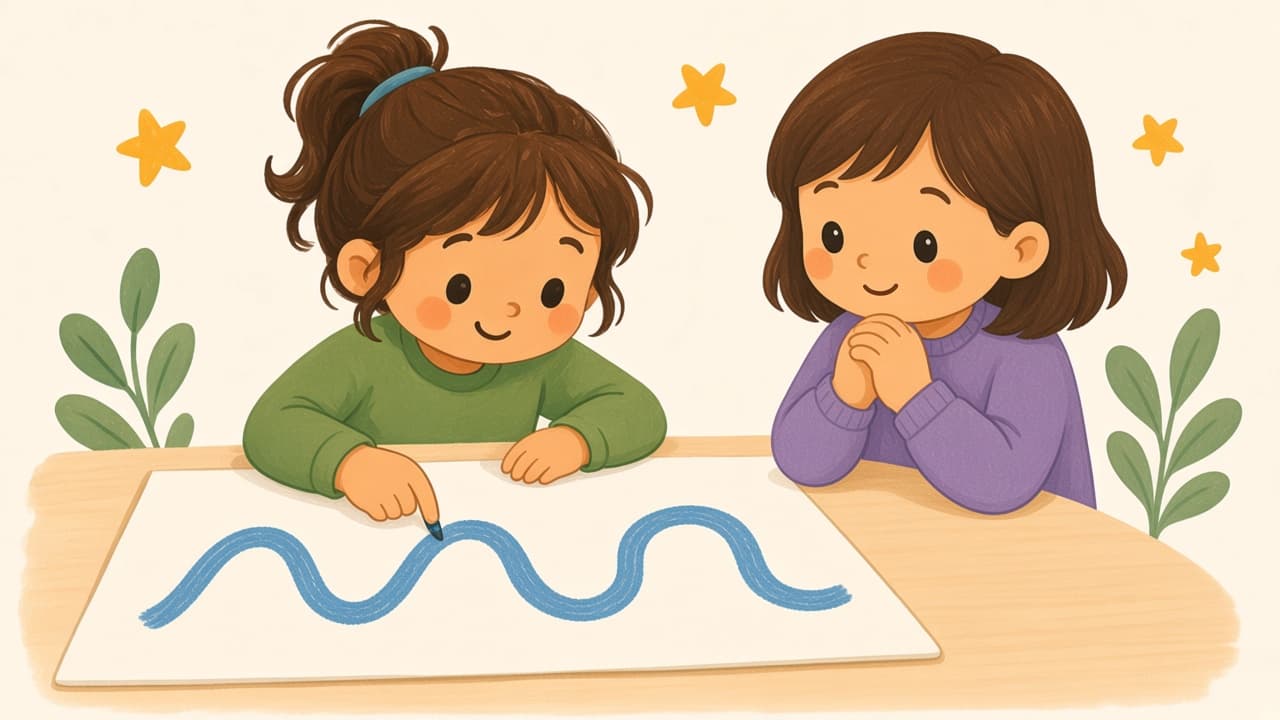 A child traces a wave path with a finger while a parent watches