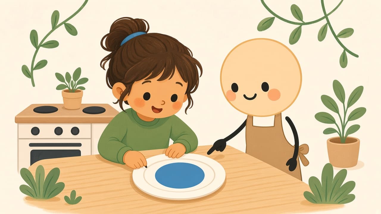A child finds a circle on a plate while a parent points