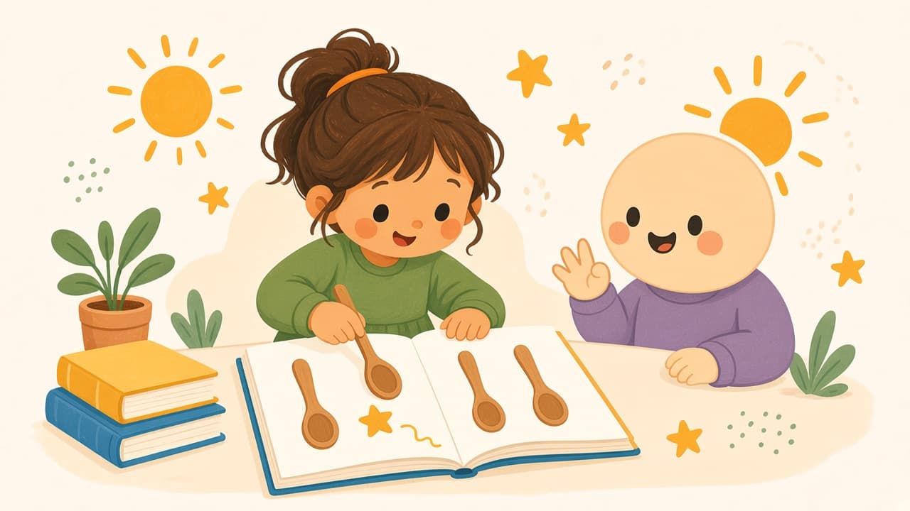 A child matches spoons to pictures while a parent counts aloud