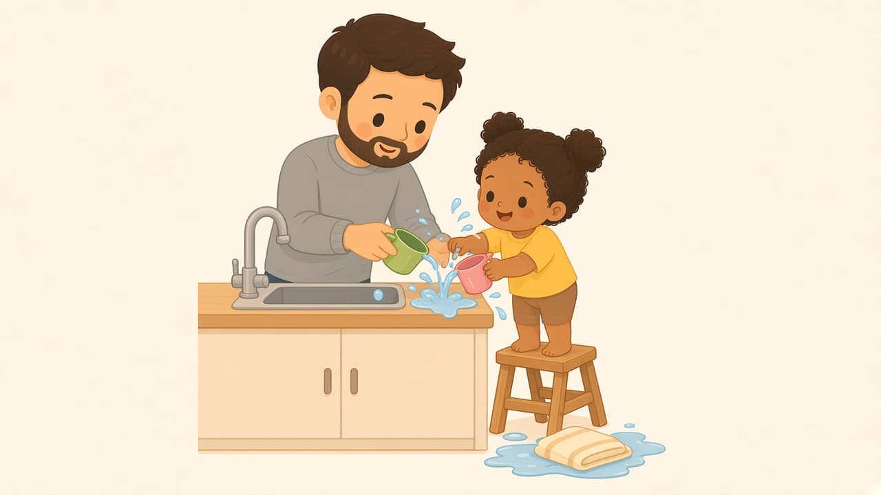 Child pouring and exploring with simple materials during a low-mess sensory activity